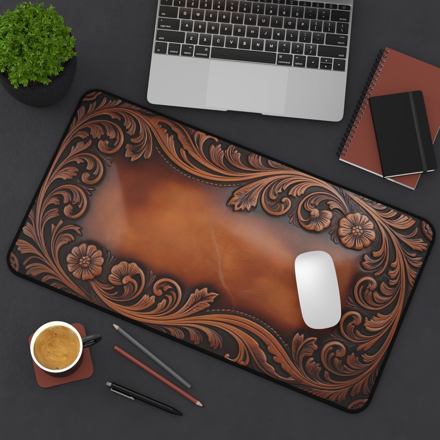 Tooled Leather Look Desk Mat - Rustic Western Office Decor