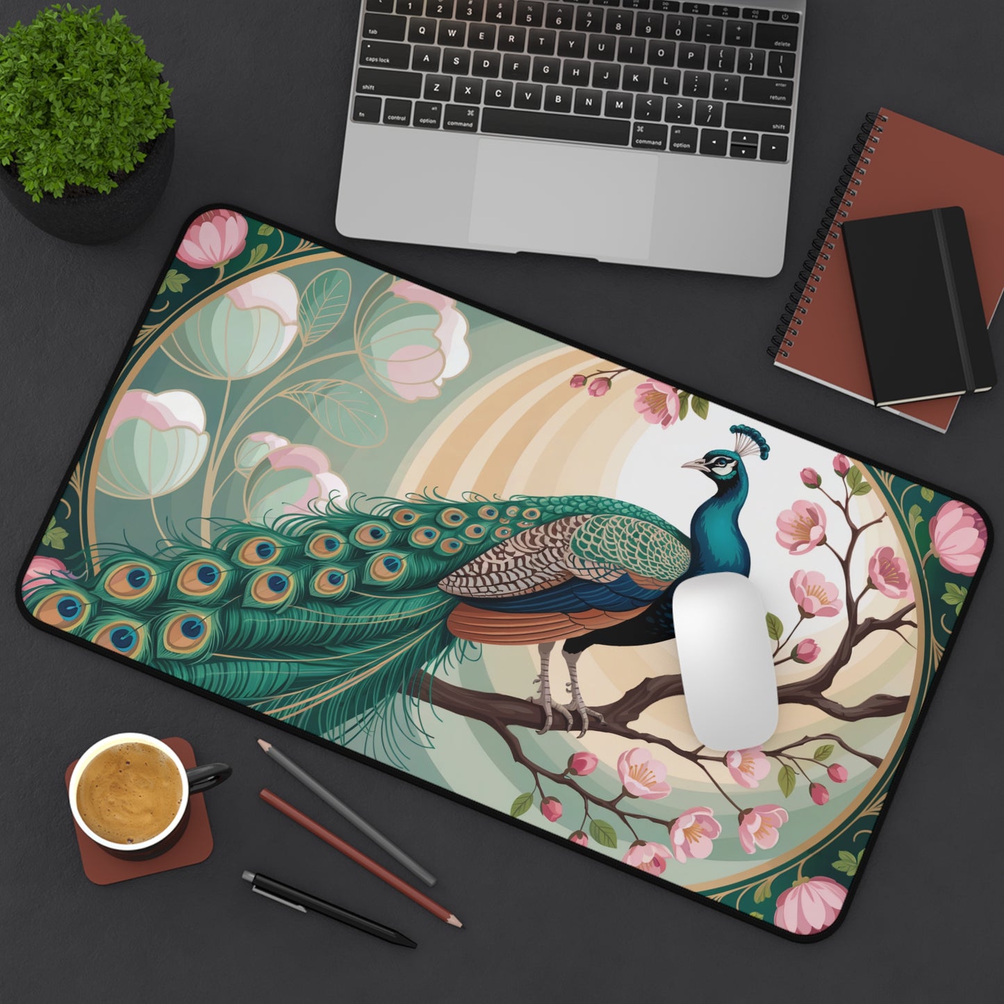Elegant Peacock Art Deco Desk Mat — Peacock Desk Mat