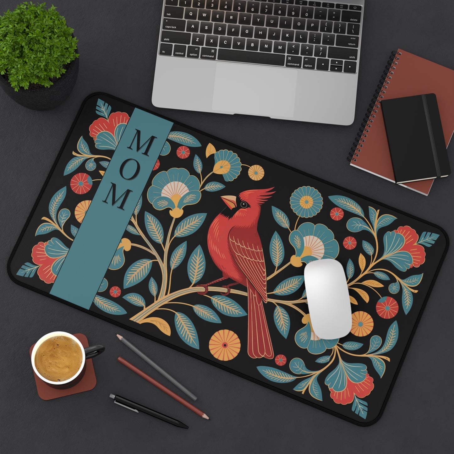 Customizable Folk Art Floral Desk Mat with Cardinal