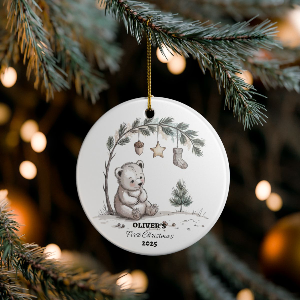 Custom Baby First Christmas Ornament Ceramic Woodland Bear Decor Nursery Holiday Tree Personalized Keepsake 2025 Winter Polar Bear