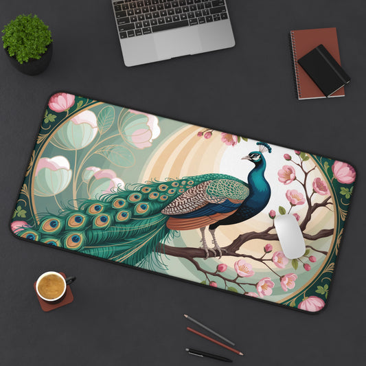 Elegant Peacock Art Deco Desk Mat — Peacock Desk Mat