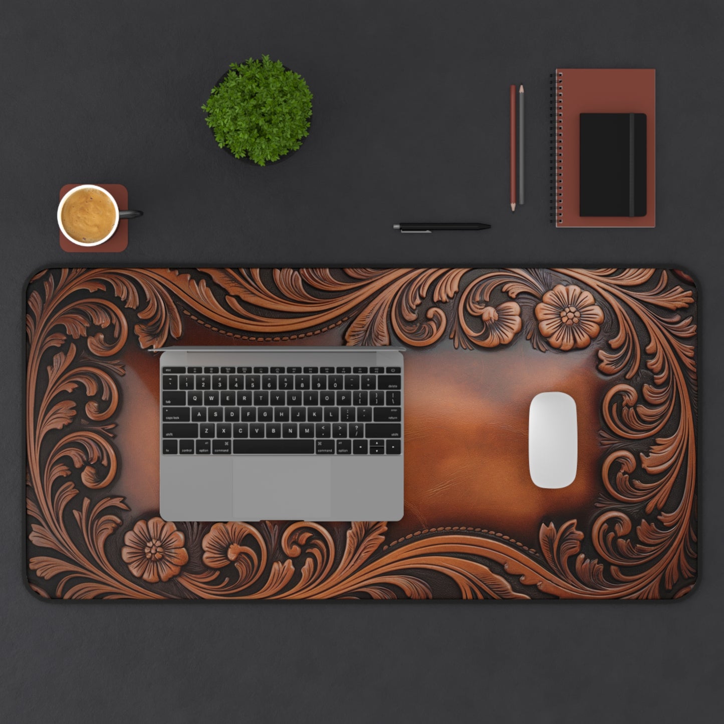 Tooled Leather Look Desk Mat - Rustic Western Office Decor