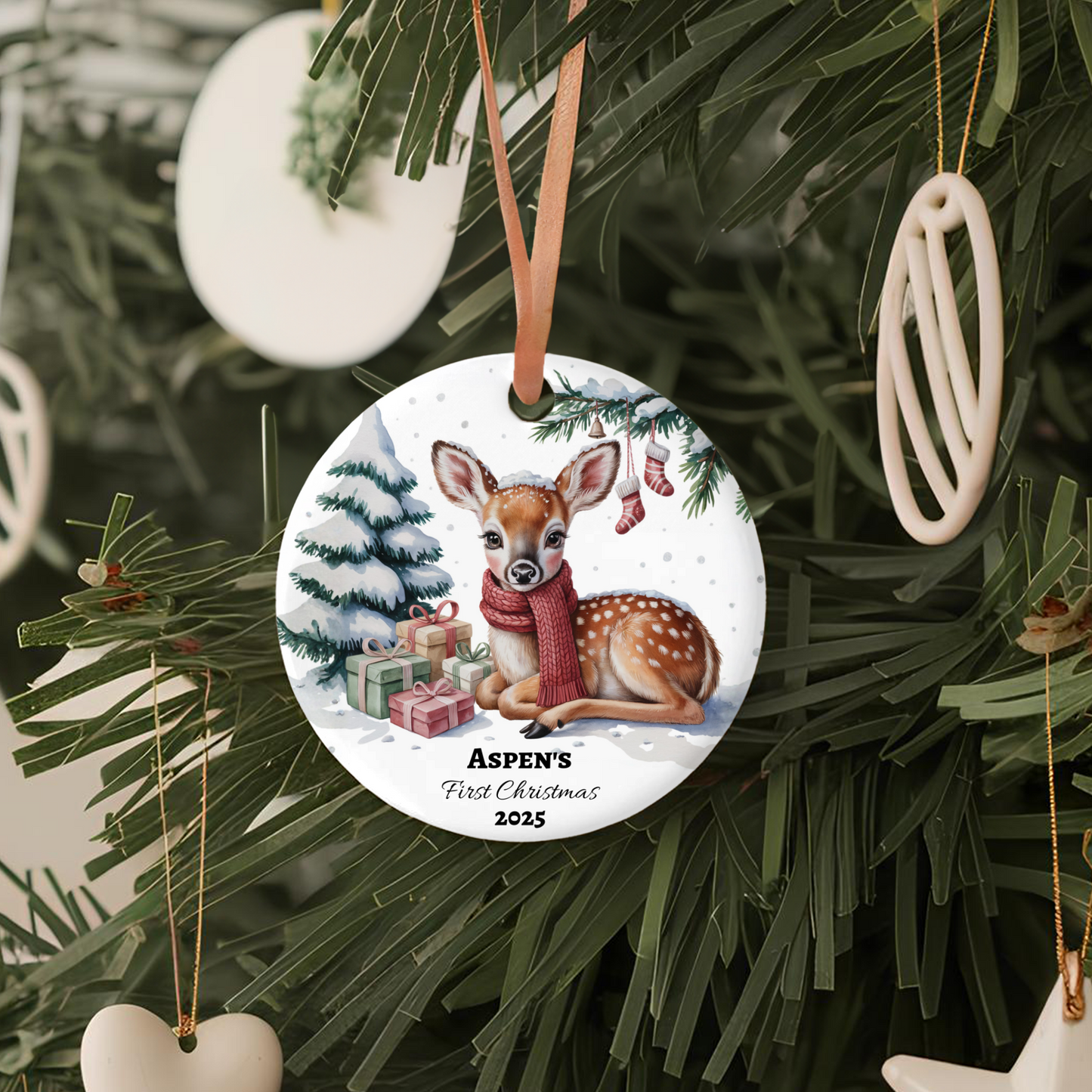 Custom Ceramic Christmas Ornament Baby First Christmas Decor Personalized Deer Ornament Nursery Holiday Tree Keepsake