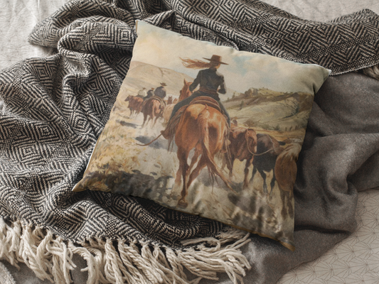 Cowgirl Cattle Drive Pillow - Western Ranch Throw Cushion