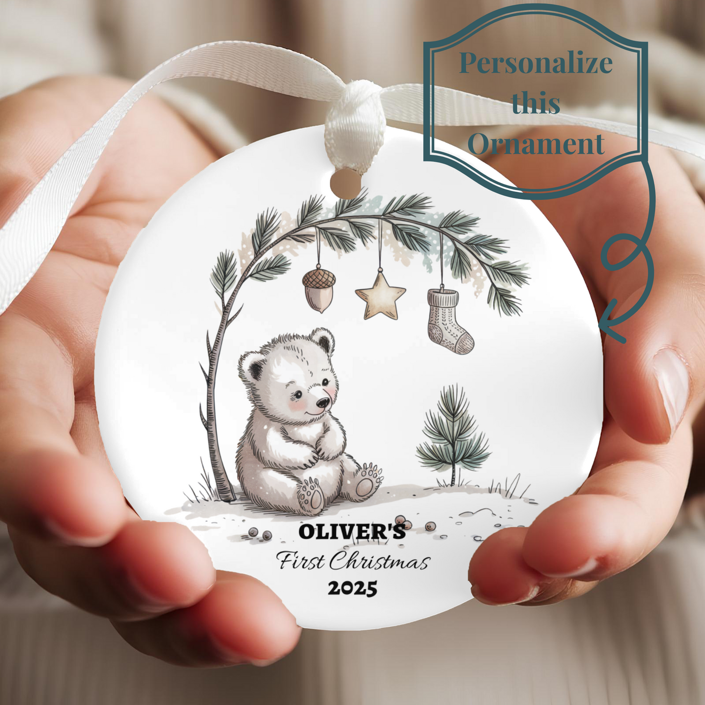 Custom Baby First Christmas Ornament Ceramic Woodland Bear Decor Nursery Holiday Tree Personalized Keepsake 2025 Winter Polar Bear