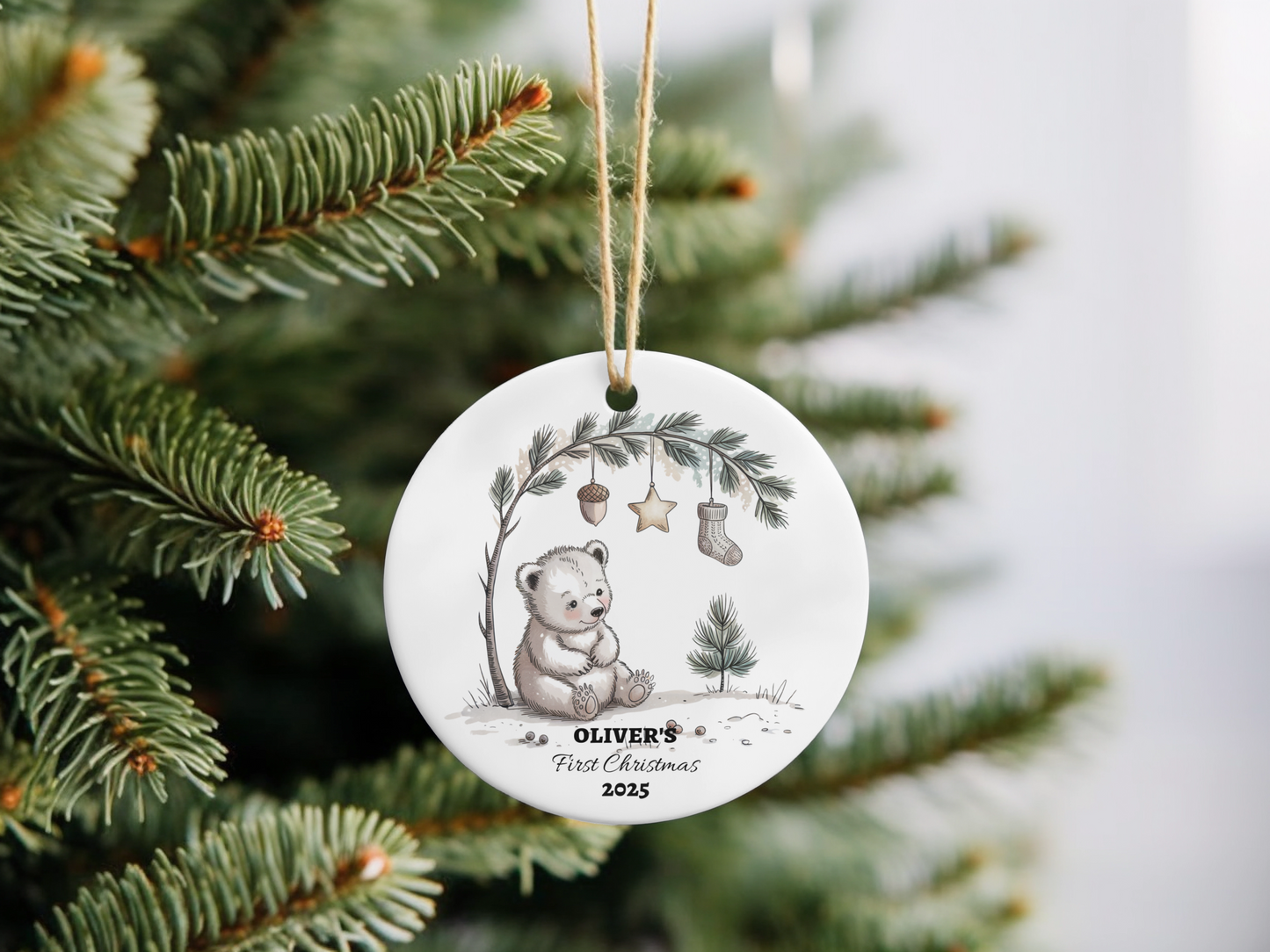Custom Baby First Christmas Ornament Ceramic Woodland Bear Decor Nursery Holiday Tree Personalized Keepsake 2025 Winter Polar Bear