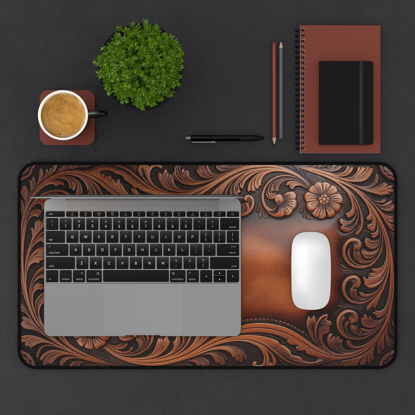 Tooled Leather Look Desk Mat - Rustic Western Office Decor