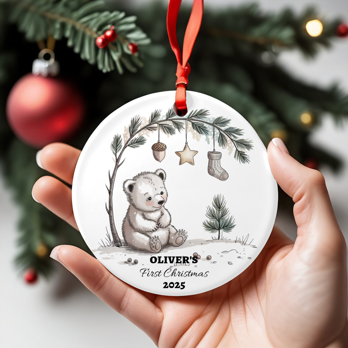 Custom Baby First Christmas Ornament Ceramic Woodland Bear Decor Nursery Holiday Tree Personalized Keepsake 2025 Winter Polar Bear