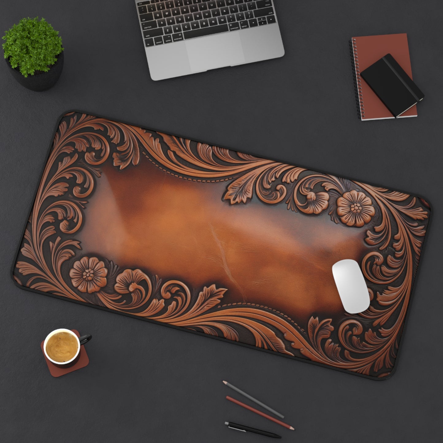 Tooled Leather Look Desk Mat - Rustic Western Office Decor