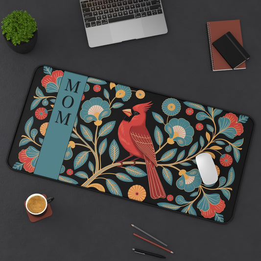 Customizable Folk Art Floral Desk Mat with Cardinal