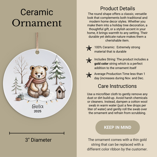 Custom Ceramic Bear Ornament, Rustic Woodland Decor, Holiday Gift, Cute Animal Keepsake, Winter Bear Decoration, Christmas Tree Accent, Personalized