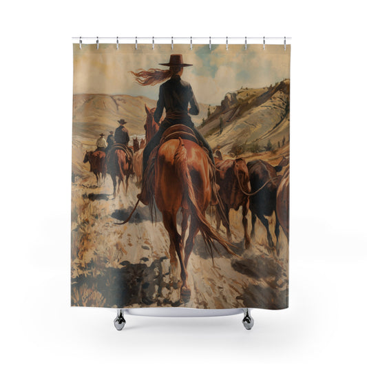 Western Shower Curtain - Rustic Cowgirl Horseback Scene