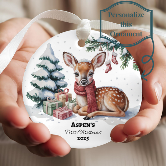 Custom Ceramic Christmas Ornament Baby First Christmas Decor Personalized Deer Ornament Nursery Holiday Tree Keepsake