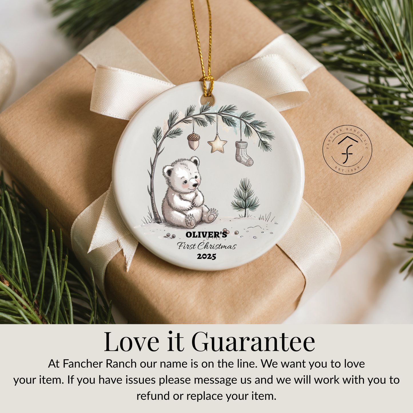 Custom Baby First Christmas Ornament Ceramic Woodland Bear Decor Nursery Holiday Tree Personalized Keepsake 2025 Winter Polar Bear
