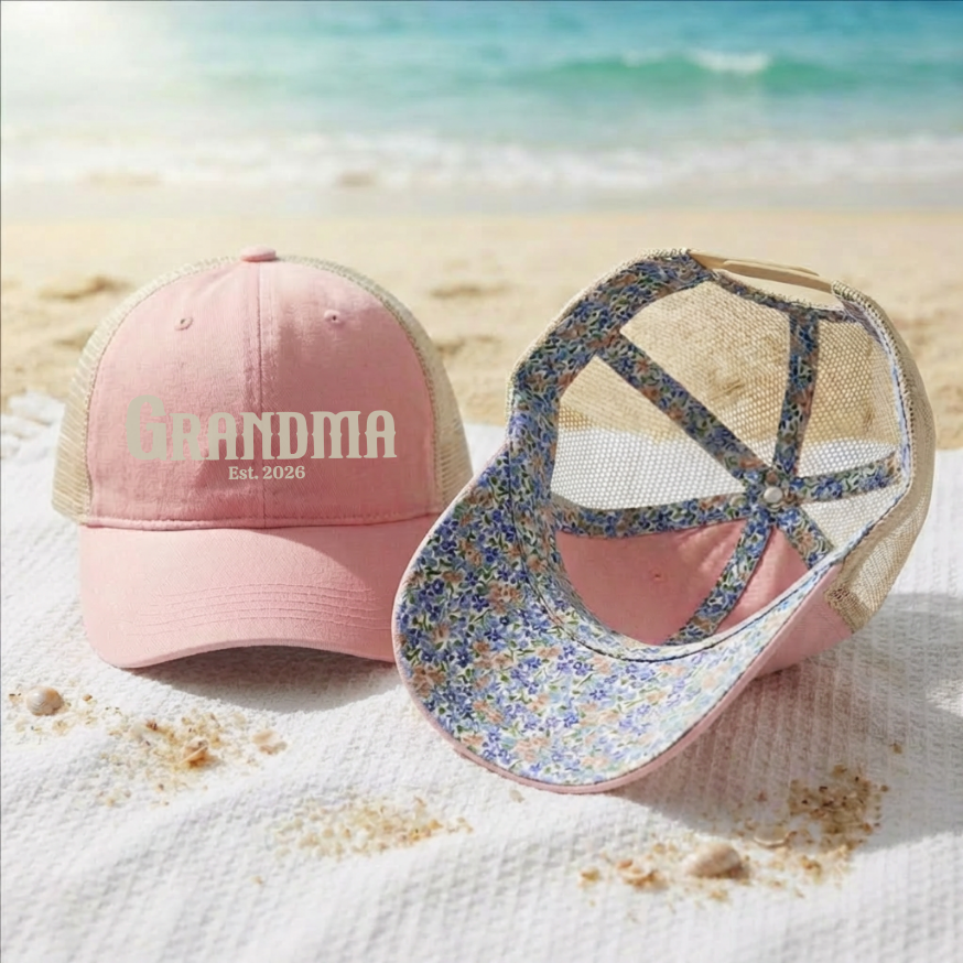 Custom Name Hat for Grandparent's or Mothers Day Gift Pregnancy Reveal Baby Announcement High Ponytail Cap