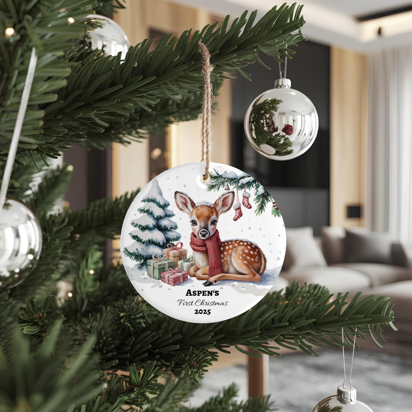 Custom Ceramic Christmas Ornament Baby First Christmas Decor Personalized Deer Ornament Nursery Holiday Tree Keepsake