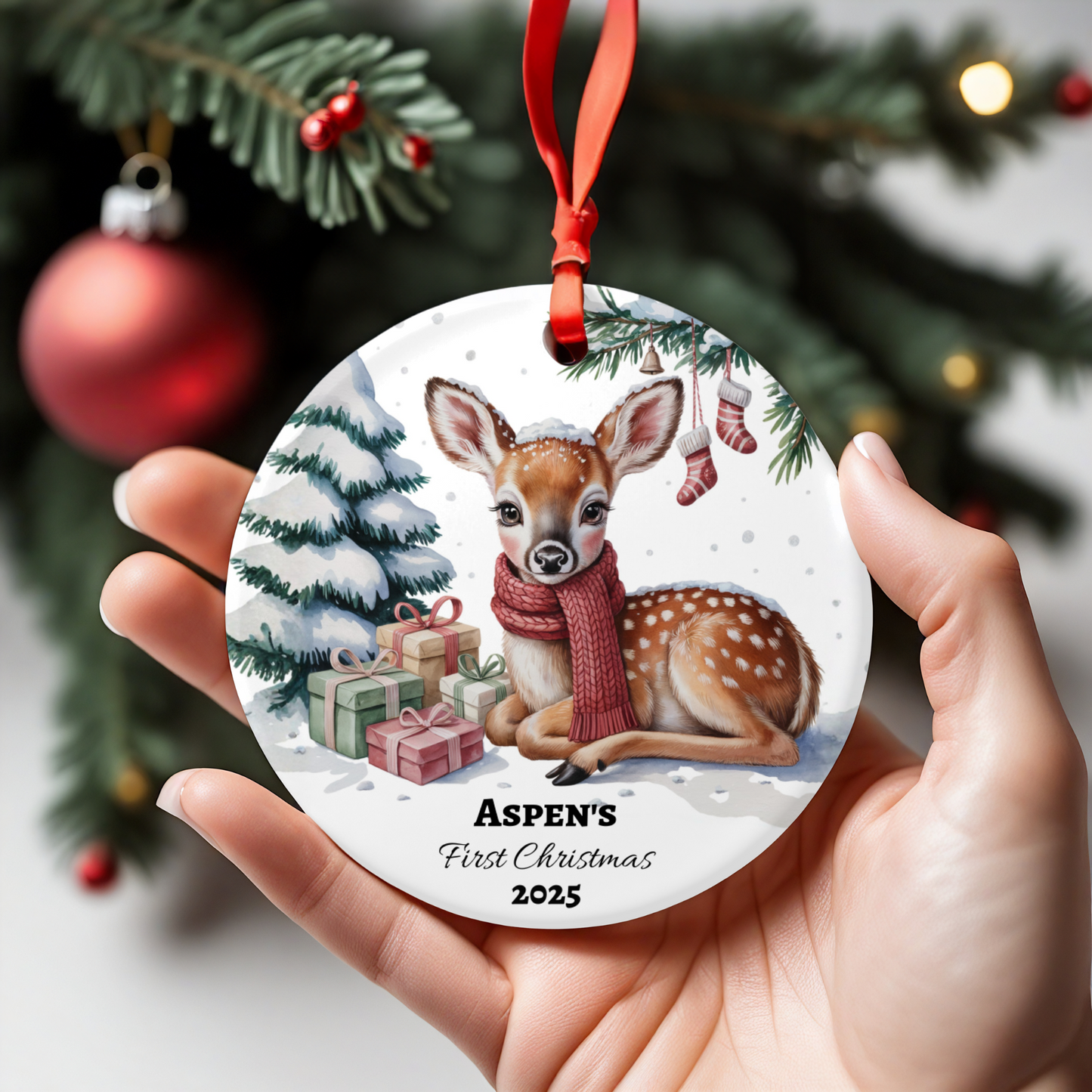 Custom Ceramic Christmas Ornament Baby First Christmas Decor Personalized Deer Ornament Nursery Holiday Tree Keepsake