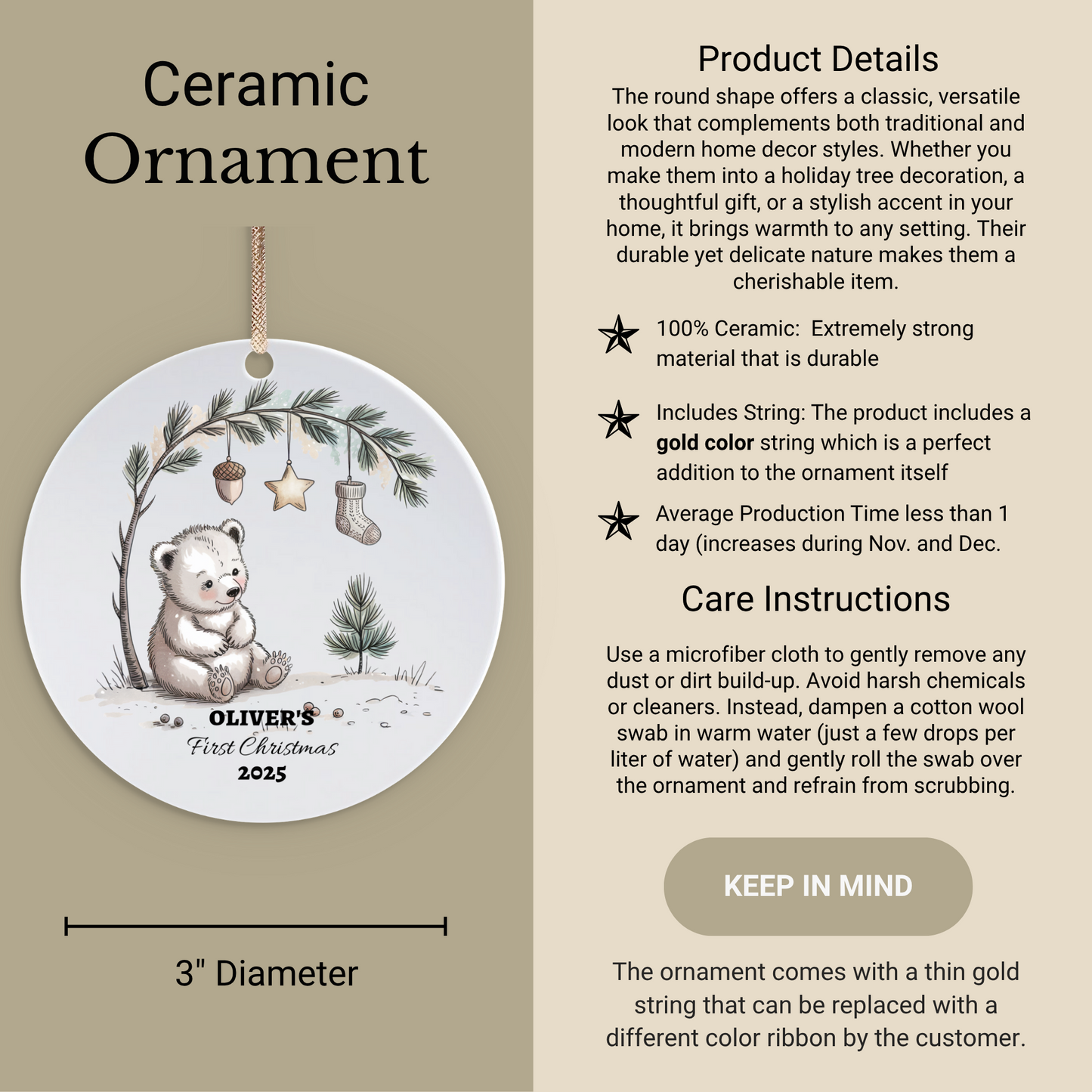 Custom Baby First Christmas Ornament Ceramic Woodland Bear Decor Nursery Holiday Tree Personalized Keepsake 2025 Winter Polar Bear