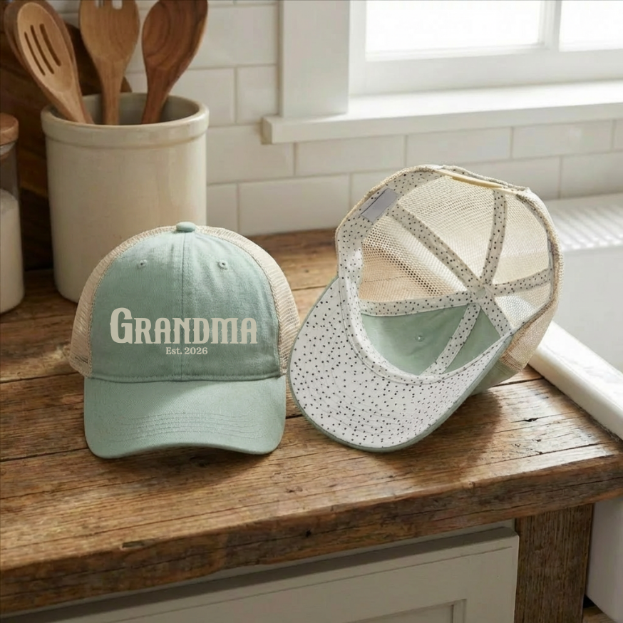 Custom Name Hat for Grandparent's or Mothers Day Gift Pregnancy Reveal Baby Announcement High Ponytail Cap